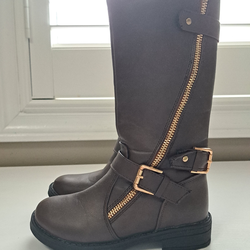 Brown Knee-High Boots with Gold Accents